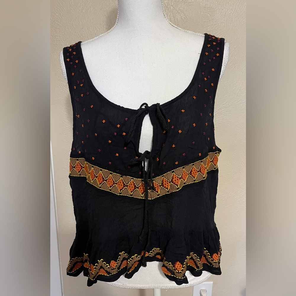 Free People Black Embellished Crop Tank Top with Tie Front